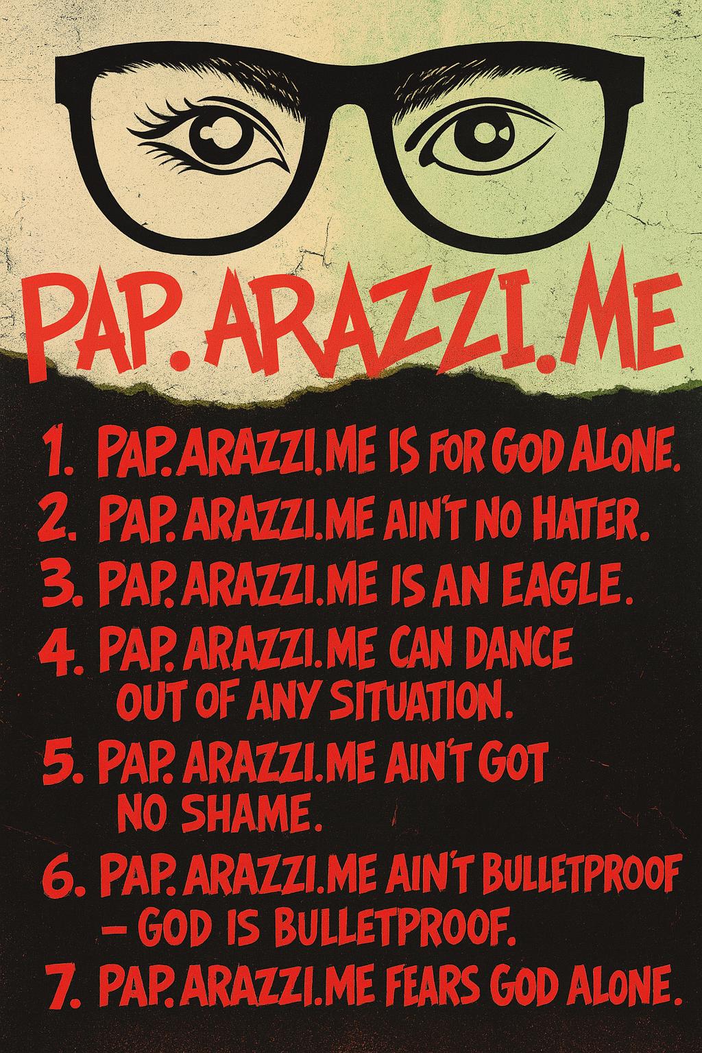   The PaP.Arazzi.Me Code
    PaP.Arazzi.Me is for GOD Alone
  PaP.Arazzi.Me ain’t no Hater
    PaP.Arazzi.Me is an Eagle
    PaP.Arazzi.Me can dance out of any situation
  PaP.Arazzi.Me ain’t got no shame
   PaP.Arazzi.Me ain’t bulletproof — GOD is bulletproof
   PaP.Arazzi.Me fears GOD Alone
  